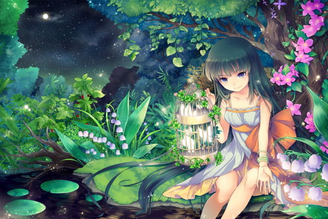 Обои картинки фото аниме, *unknown, другое, ландыши, цветы, девочка, клетка, лес