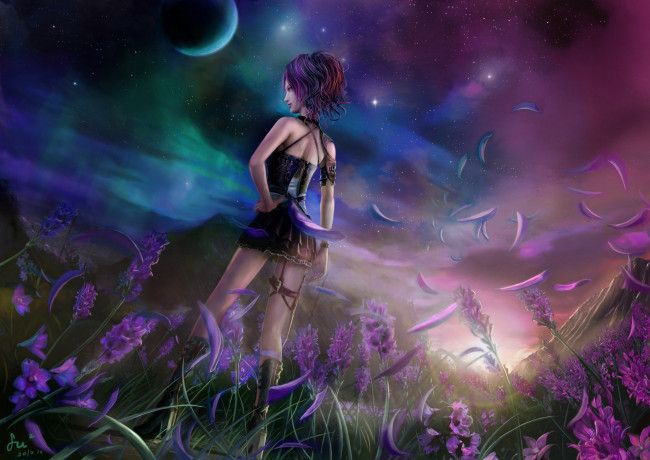 Обои картинки фото аниме, *unknown, другое, цветы, девушка, луна, рассвет, лепестки, поле