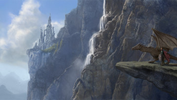 Картинка фэнтези драконы обрыв скала дракон человек арт горы замок