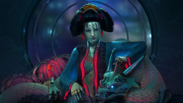 Картинка фэнтези роботы +киборги +механизмы робот фантастика девушка дракон art cyberpunk geisha киборг dragon