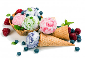 Картинка еда мороженое +десерты рожок вафельный малина мята ассорти