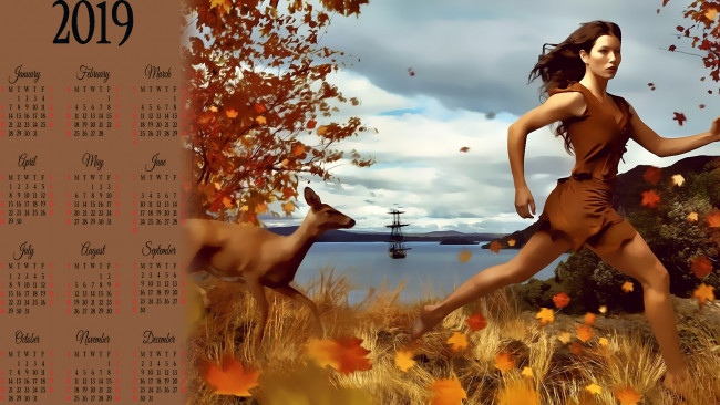 Обои картинки фото календари, 3д-графика, олень, девушка, парусник, водоем, дерево