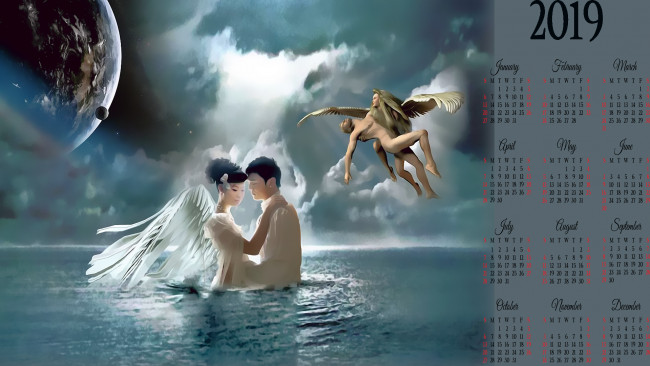 Обои картинки фото календари, фэнтези, водоем, мужчина, женщина, планета, крылья