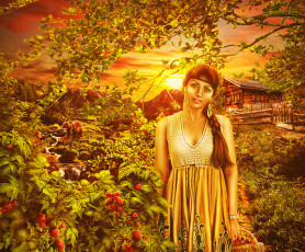 Картинка фэнтези фотоарт фон взгляд девушка куст дом малина