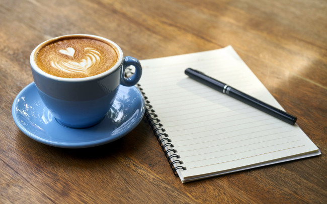 Обои картинки фото еда, кофе,  кофейные зёрна, чашка, рисунок, блокнот, ручка