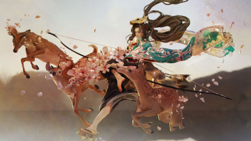 Картинка фэнтези девушки девушка цветы лук олени