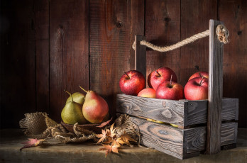 Картинка еда фрукты +ягоды листья стол яблоки доски веревка миска натюрморт