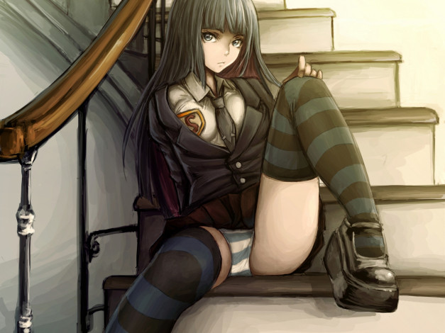 Обои картинки фото аниме, panty, stocking, with, garterbelt, школьная, форма, лестница, девушка