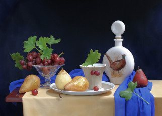 Картинка еда натюрморт посуда фазан виноград груши