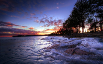 обоя природа, восходы, закаты, река, лед, снег, деревья