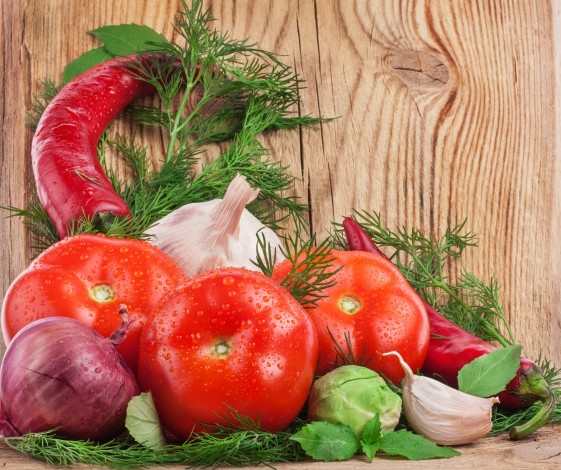 Обои картинки фото еда, овощи, помидоры, укроп, чеснок, томаты