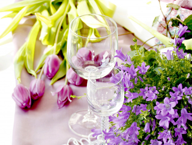 Обои картинки фото цветы, разные, вместе, бокалы, колокольчики, тюльпаны