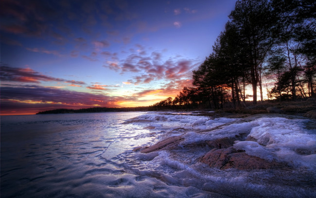 Обои картинки фото природа, восходы, закаты, река, лед, снег, деревья