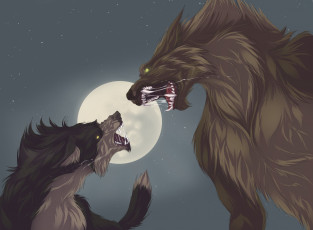обоя рисованные, животные,  волки, луна, волки