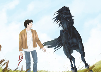 Картинка рисованные животные +лошади мальчик лошадь
