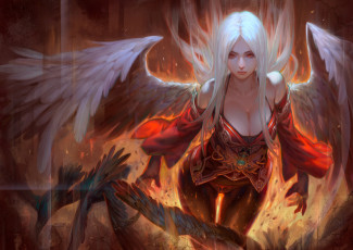 Картинка фэнтези ангелы ангел angel волосы красные глаза девушка огонь крылья птицы фантастика