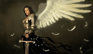 Картинка фэнтези ангелы девушка крылья ангел меч перья