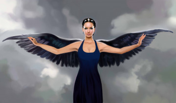 Картинка фэнтези ангелы фантастика арт девушка ангел angel крылья руки платье лицо взгляд небо облака голодные+игры