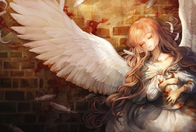Обои картинки фото аниме, -angels & demons, девушка, крылья, перья, ангел, закрытые, глаза, кирпичная, стена
