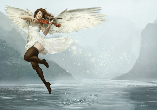 Обои картинки фото фэнтези, ангелы, искорки, вода, скрипка, ангел, девушка, арт, музыкальный, инструмент, чулки, озеро