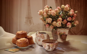 Картинка еда натюрморт чай выпечка букет розы