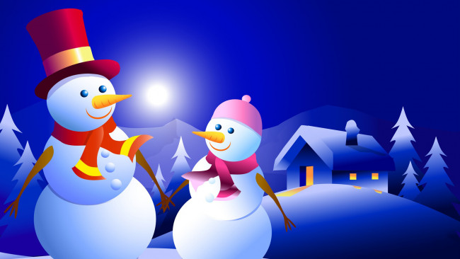 Обои картинки фото праздничные, векторная графика , новый год, рождество, ночь, домик, зима, снеговик