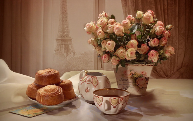 Обои картинки фото еда, натюрморт, чай, выпечка, букет, розы