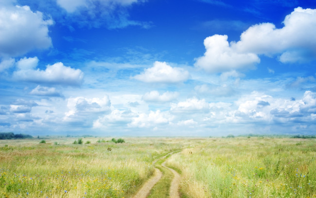 Обои картинки фото природа, дороги, пейзаж, небо, облака, поле, дорожка