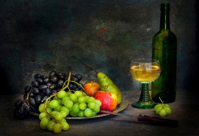 Обои картинки фото еда, натюрморт, фрукты, нож, белое, вино