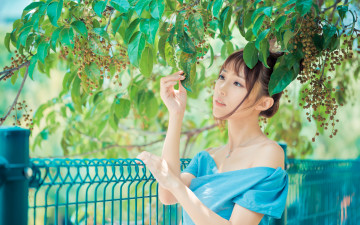 Картинка девушки -unsort+ азиатки платье забор дерево ягоды