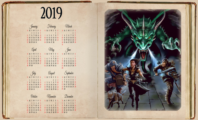 Обои картинки фото календари, фэнтези, мужчина, женщина, дракон, собака, бег, оружие