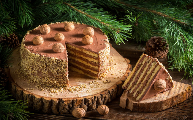 Обои картинки фото еда, торты, торт, орехи, крем, десерт, wood, шоколадный