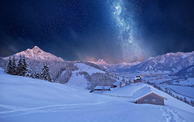 Обои картинки фото города, - пейзажи, снег, зима, небо, дома, горы, звезды