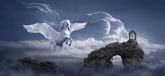 Обои картинки фото фэнтези, единороги, пегас, лошадь, конь, крылья, единорог, небо, полёт