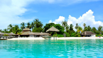 Картинка природа тропики море пляж пальмы бунгало