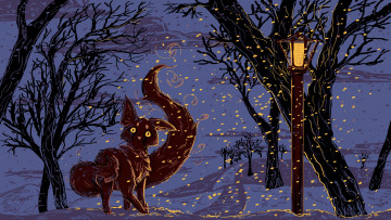 обоя рисованное, животные,  сказочные,  мифические, зверек, снег, зима, фонарь, деревья