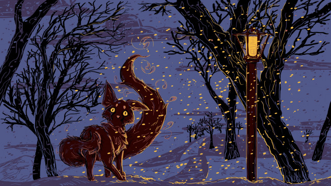 Обои картинки фото рисованное, животные,  сказочные,  мифические, зверек, снег, зима, фонарь, деревья