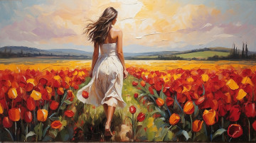 Картинка рисованное люди девушка поле цветы