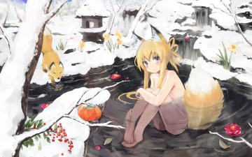 Картинка аниме animals вода зима девушка лиса лис неко уши хвост ягоды снег цветы