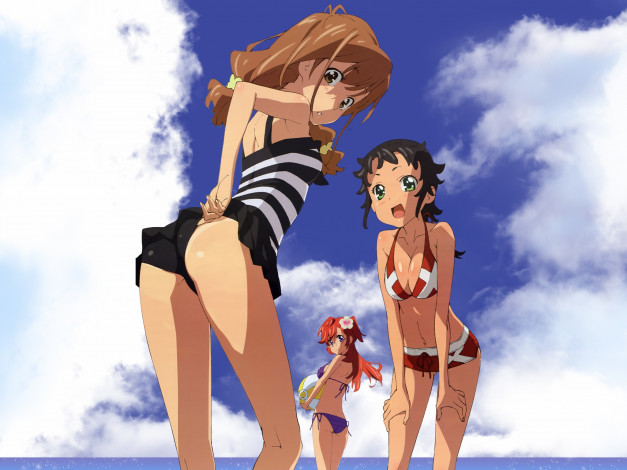 Обои картинки фото аниме, ano, natsu, de, matteru, купальники, облака