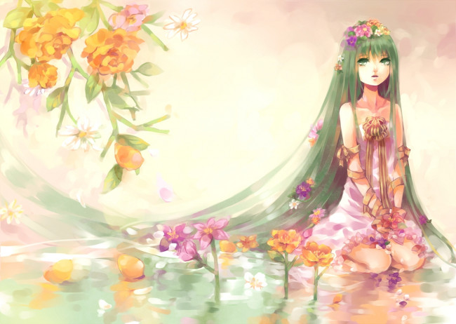Обои картинки фото аниме, *unknown, другое, девушка, цветы, вода, ленты, бант