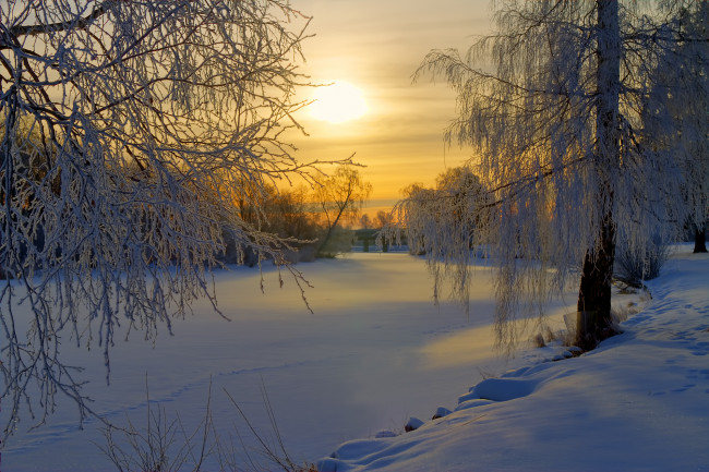 Обои картинки фото sweden, природа, зима, иней, закат, река, деревья, снег, швеция