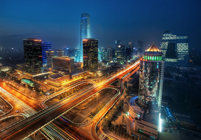 Обои картинки фото beijing, china, города, пекин, китай, небоскрёбы, здания, дорога, ночной, город