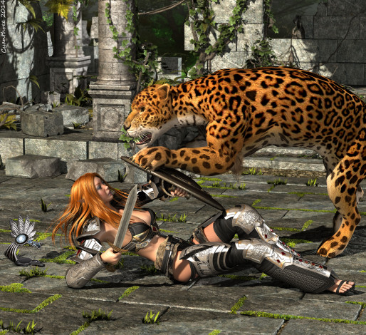 Обои картинки фото 3д графика, amazon , амазонки, девушка, тигр, оружие