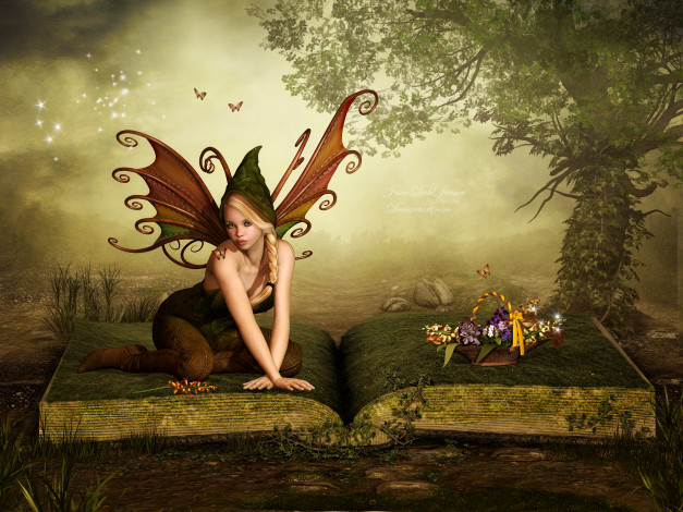 Обои картинки фото 3д графика, elves , эльфы, фея, книга, дерево, корзина, цветы