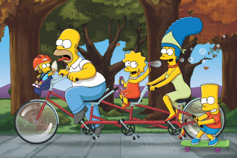 обоя мультфильмы, the simpsons, спорт, bicycles, кино, семья, мультфильм, simpsons, велосипед, мэгги, лиза, мардж, барт, гомер, улыбка, настроение, bike, love, on, the