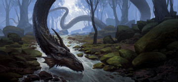 Картинка фэнтези существа гигантский змей лес река камни