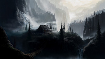 Картинка рисованное природа ели хижина скалы туман утро