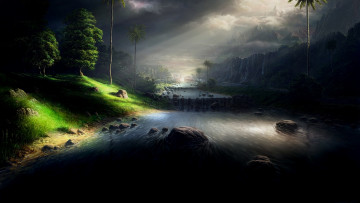 Картинка рисованное природа пейзаж пальмы горы река
