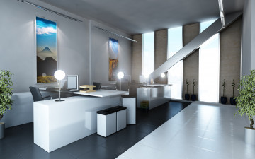 Картинка 3д+графика реализм+ realism комната интерьер столы стулья светильники
